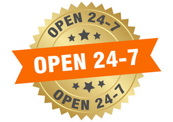 open 24 7. open 24 7 round orange and gold label isolated on transparent background
