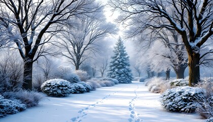 A hyper-realistic image of a winter garden with snow-covered trees and a quiet, serene atmosphere. The trees are bare, with their branches dusted with a light layer of snow, creating intric
