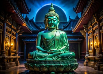 Fototapeta premium Serene Night: Jade Buddha Shadow in Temple, Lotus Position, Asian Spirituality