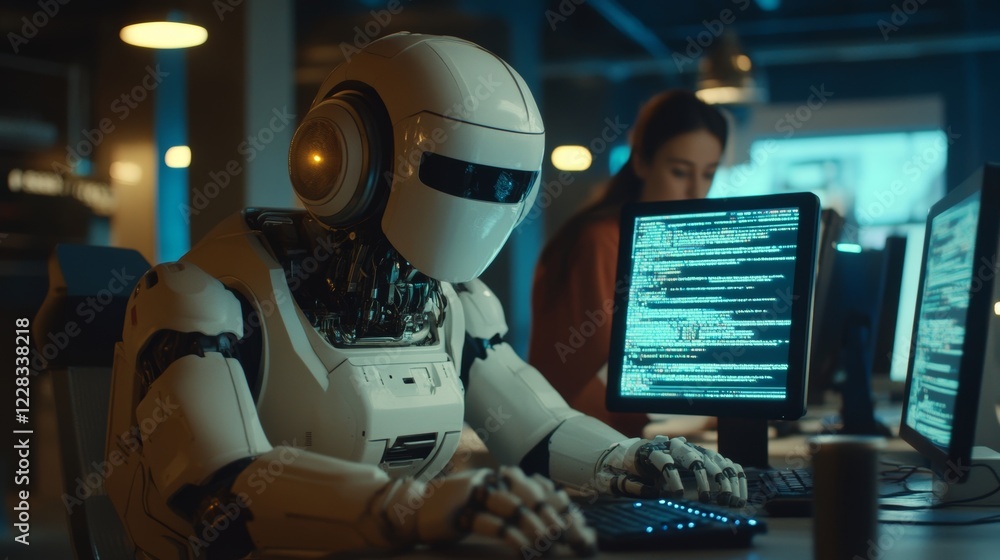 Poster in an office environment, a robot tends to a computer amidst a group of people, symbolizing a forwar