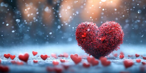 Dramatic heart-shaped floral arrangement in winter scene with falling snow. Ideal for romantic and creative storytelling.