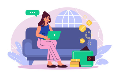 Woman with laptop and wallet. Vector illustration