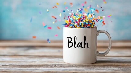 White mug with "Blah" text and colorful confetti on rustic table