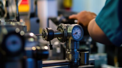 Fototapeta premium A detailed portrait of a technician calibrating machinery in a manufacturing plant, Manufacturing machinery calibration scene, Technical and methodical style