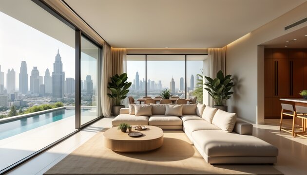 Modern living room boasts panoramic Dubai skyline views. Luxury apartment interior design features spacious open plan layout. Cream colored sofa, furniture creates bright, airy feel. Large window