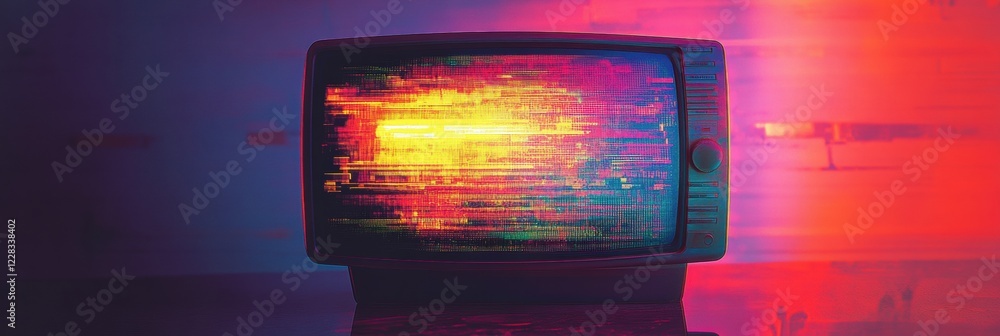Poster retro television screen displaying vibrant static noise and colorful glitch patterns in an abstract 