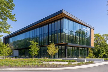 Obraz premium The sun shines brightly above a sleek, glass-clad office building with a pristine blue sky.