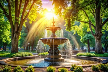 Serene Park Fountain: Tranquil Water Feature with Ample Copy Space