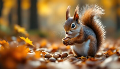 A hyper-realistic image of a squirrel gathering acorns in a forest during autumn. The squirrel is captured with fine detail, showcasing its fur texture, eyes, and movement as it scurries al