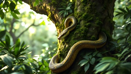 A hyper-realistic image of a snake coiled around the trunk of a thick, moss-covered tree in a dense jungle. The snake’s scales are intricately detailed, with shades of green, brown, and yel