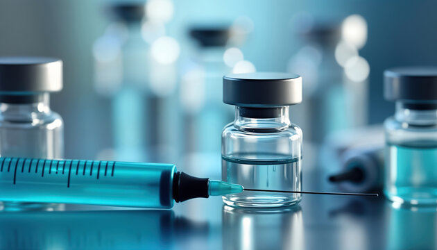 Medical illustration shows vials, syringe. Pharmaceutical industry innovations, biosimilar trends. Modern solutions for patient care. Clinical trials, research advancements featured. Biosimilar