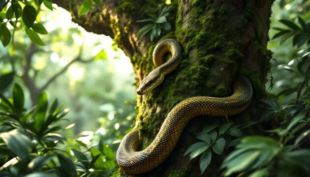 A hyper-realistic image of a snake coiled around the trunk of a thick, moss-covered tree in a dense jungle. The snake&rsquo;s scales are intricately detailed, with shades of green, brown, and yel