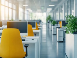 An urban workspace designed with modular furniture provides a modern digital office setup that boasts a bright perspective and innovative aesthetics to boost productivity.