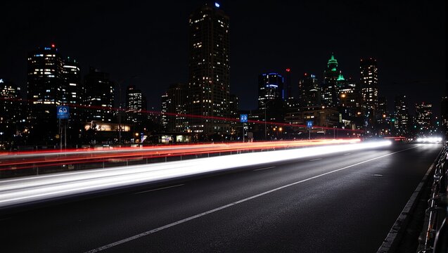 Vibrant light trails streaking through cityscape at night - Powered by Adobe