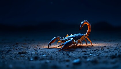 A hyper-realistic image of a scorpion walking across the cool, moonlit desert floor at night. The moonlight casts soft shadows and highlights across the scorpion’s body, making its sharp pi