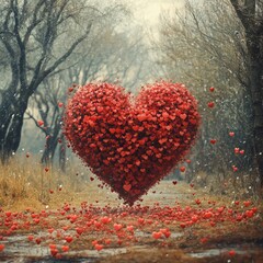 Dramatic heart-shaped floral arrangement in winter scene with falling snow. Ideal for romantic and creative storytelling.