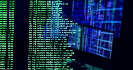 Hacking concept. Close-up of computer screen - modern electronic technologies. Search files process in big data array. Cyberattack. Ddos attack. Typing code on keyboard - codes and program software - Powered by Adobe