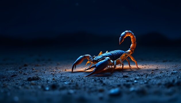 A hyper-realistic image of a scorpion walking across the cool, moonlit desert floor at night. The moonlight casts soft shadows and highlights across the scorpion’s body, making its sharp pi