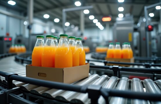 Automated beverage bottling line in modern factory. Bottles of orange juice placed in cardboard boxes on conveyor belt. Industrial equipment visible in background. Modern manufacturing process shows