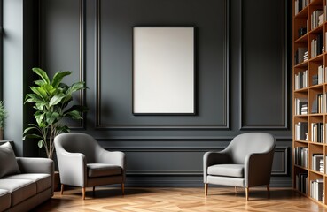 Empty black frame on wall in modern reading room. Grey armchairs, wooden bookshelves. Modern interior design. Mockup template for poster banner. Luxury living space. Suitable for interior design