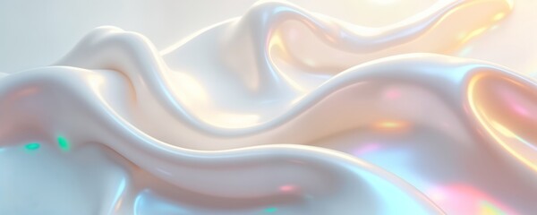 Obraz premium Abstract 3D render of light, white silk with iridescent holographic foil. Fluid design of flowing fabric creates decorative pattern. Modern, futuristic style. Background wallpaper concept. Luxury