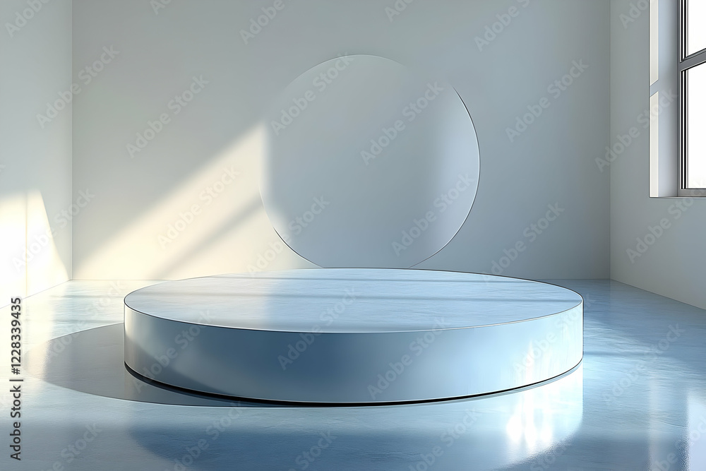 Poster white round podium with circular backdrop in minimalist room setting