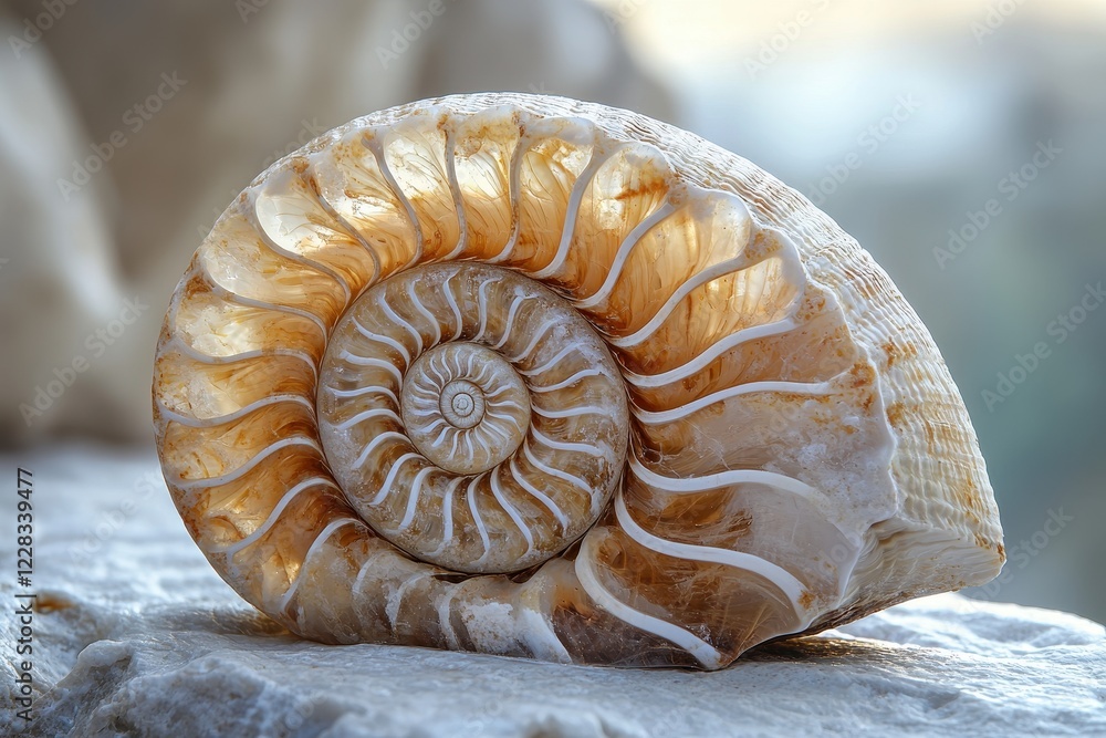 Poster a close-up of a beautiful nautilus shell showcasing its intricate patterns.