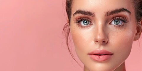 In a stunning closeup, a confident woman showcases flawless skin and captivating blue eyes against a soft pink background, exuding grace and style with an air of elegance and beauty