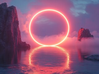 Glowing circle reflects over water between rocks with cloudy sky, for abstract