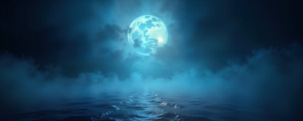 Fototapeta premium Mysterious night scene with bright moon. Foggy atmosphere on sea. Dark night with bright moon. Tranquil, beautiful scene. Ideal for background creative designs. Dramatic light, dark colors. Foggy