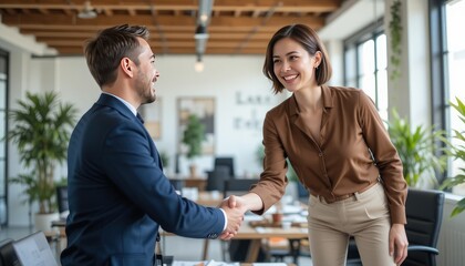 Handshake of happy young business woman and business man at office meeting. Female hr bank manager, financial advisor handshaking recruit, greeting client. Hiring at job interview, partnership concept