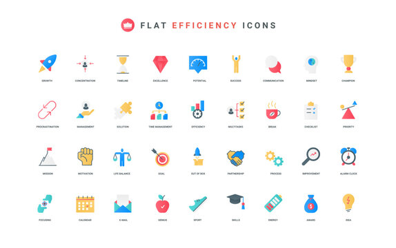 Process efficiency, skill and motivation for improvement, priority work color icon set. Success and goal focus, multitasking efficient operations to optimize project flat elements vector illustration