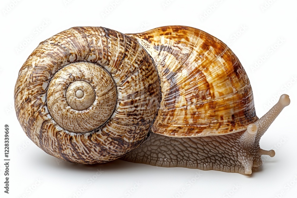 Poster a close-up of a snail showcasing its spiral shell and soft body.