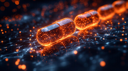 A digital pill symbolizing AI-driven precision medicine on a network background minimalistic design with bright tones and blurred empty space on the side

