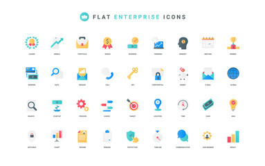 Enterprise, business startup and project communication and SME management color icon set. Digital data and trends, documents and chart report research, meeting flat elements vector illustration