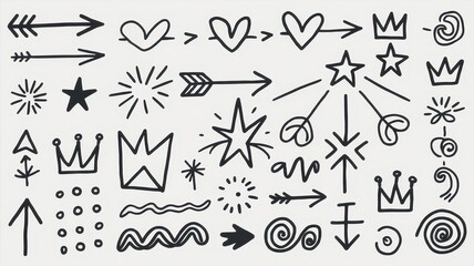 A collection of whimsical doodles, including hearts, arrows, stars, and swirls, perfect for creative and playful design projects.