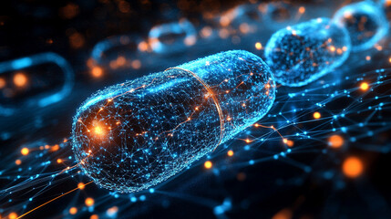 A digital pill symbolizing AI-driven precision medicine on a network background minimalistic design with bright tones and blurred empty space on the side

