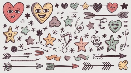 Fototapeta premium A whimsical illustration featuring colorful hearts, stars, arrows, and playful doodles, perfect for conveying joy and creativity.