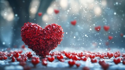 Obraz premium Dramatic heart-shaped floral arrangement in winter scene with falling snow. Ideal for romantic and creative storytelling.