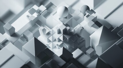 Obraz premium Aerial view of an abstract 3D cityscape made up of geometric shapes in shades of white and gray, creating a minimalist, modern aesthetic.