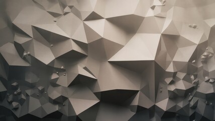 Abstract geometric shapes create a dynamic and textured background, resembling a three-dimensional landscape of sharp angles and soft shadows.