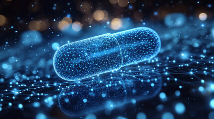 A digital pill symbolizing AI-driven precision medicine on a network background minimalistic design with bright tones and blurred empty space on the side

