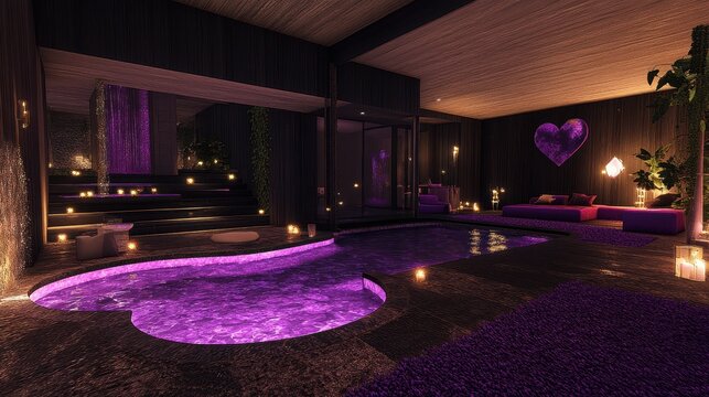 A romantic scene unfolds as purple lights cast a dreamy glow over a tranquil pool, setting the perfect mood for a Valentine's Day celebration.