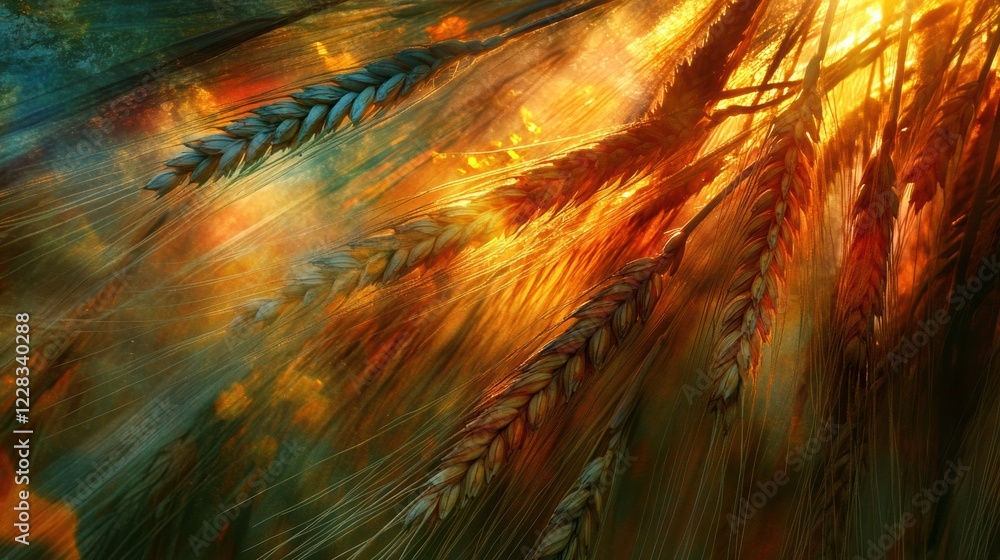 Aufkleber golden rays illuminating wheat fields at sunset, creating a serene and vibrant atmosphere in nature.