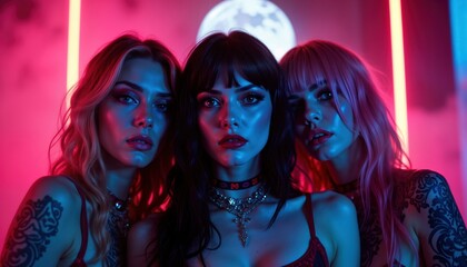 Obraz premium Three glamorous women pose close together. Neon lights, dramatic lighting. Women with stylish hair, makeup. Retro horror aesthetic. Mysterious, beautiful look. Fashionable, stylish. Possible for