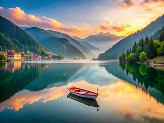 Obraz premium Serene Uzungol Lake at Dawn: Minimalist Turkish Landscape Photography