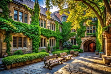 Fototapeta premium Serene University Courtyard: Sunlit Stone Pathways and Lush Greenery