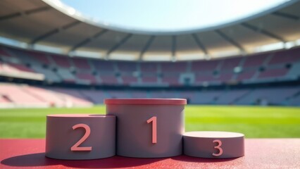 A podium with numbers 1, 2, and 3 is set against a blurred background of a stadium. Concept of: Sports achievement.
