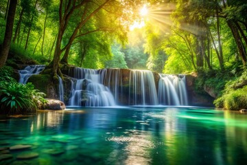 Obraz premium Serene Waterfall Cascading into Calm Pool - Stunning Bokeh Nature Photography