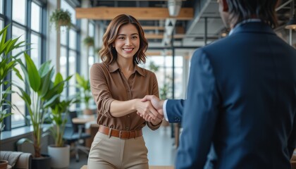 Handshake of happy young business woman and business man at office meeting. Female hr bank manager, financial advisor handshaking recruit, greeting client. Hiring at job interview, partnership concept